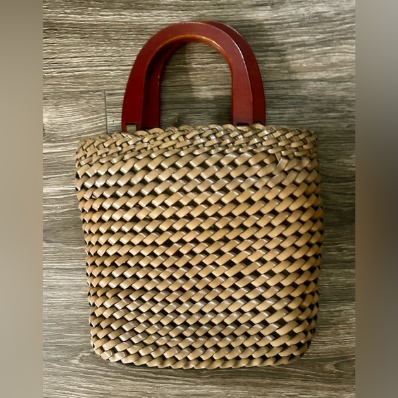 Fossil Vintage Brown Woven Leather Purse Hand Bag With Wooden Handle Bohemian - Picture 2 of 10